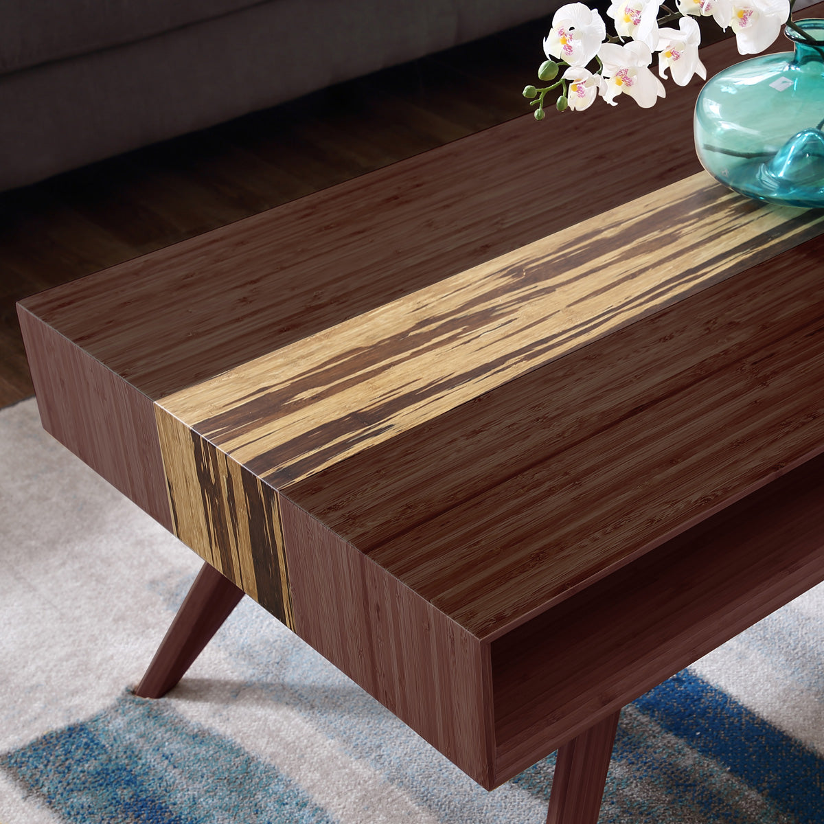 Azara Coffee Table by Greenington, showing closeup view of azara coffee table in live shot.