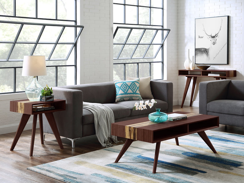 Azara Coffee Table by Greenington, showing azara coffee table with sofas & different tables in live shot.