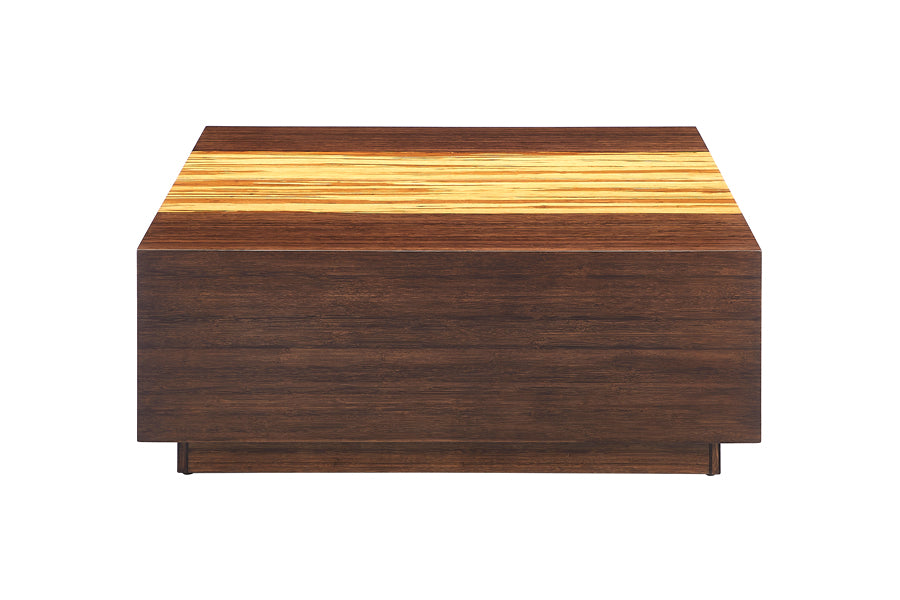 Azara Cube Coffee Table by Greenington, showing side view of azara cube coffee table in square/sable exotic tiger.