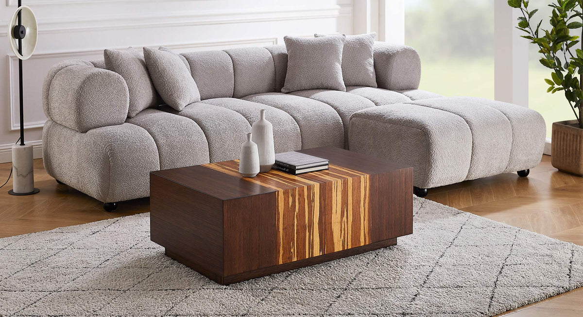 Azara Cube Coffee Table by Greenington, showing azara cube coffee table in live shot.
