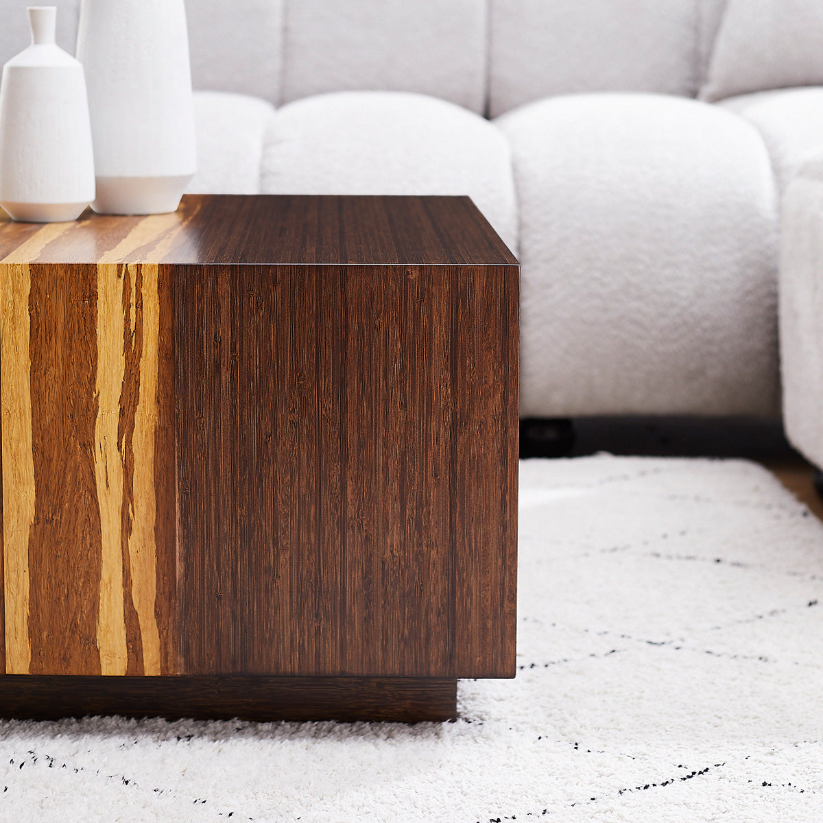 Azara Cube Coffee Table by Greenington, showing closeup view of azara cube coffee table in live shot.