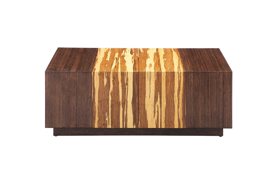 Azara Cube Coffee Table by Greenington, showing front view of azara cube coffee table in rectangular/sable exotic tiger.