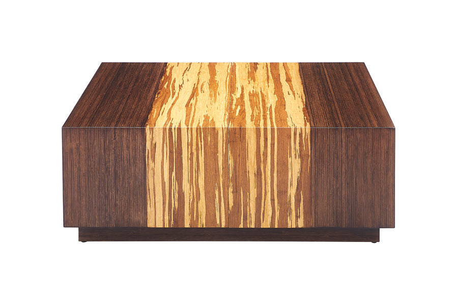 Azara Cube Coffee Table by Greenington, showing front view of azara cube coffee table in square/sable exotic tiger.