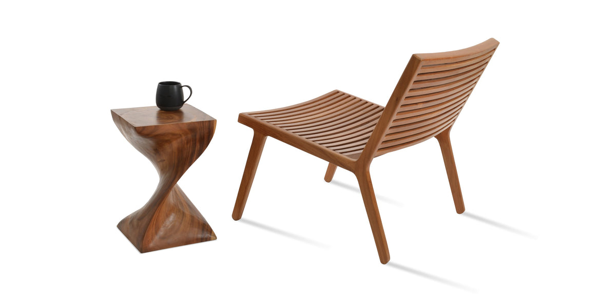 Bali Lounge Chair by SohoConcept, showing back view of bali lounge chair in teak wood with table.