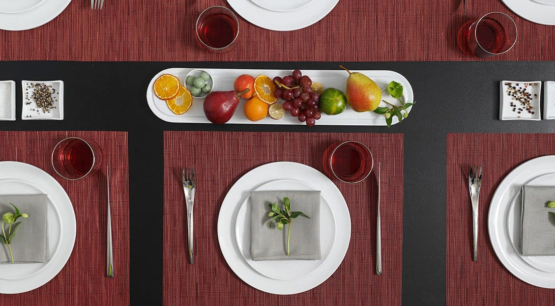 Bamboo Tabletop by Chilewich, showing bamboo tabletops in live shot.