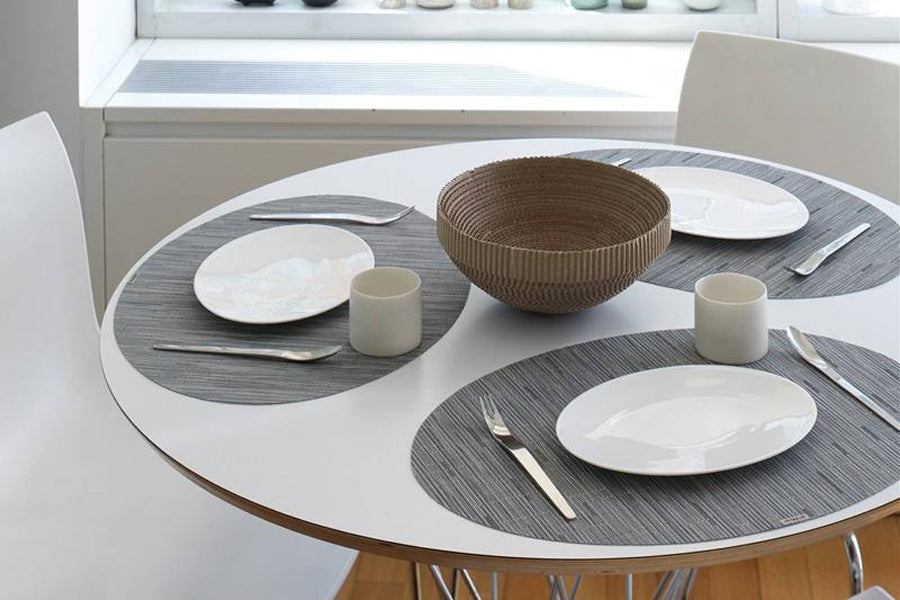 Bamboo Tabletop by Chilewich, showing bamboo tabletops in live shot.