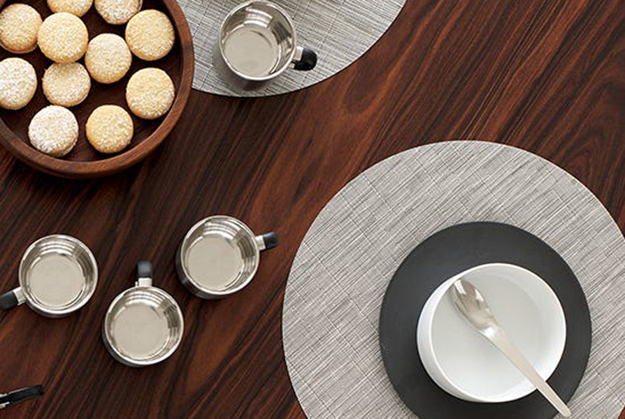 Bamboo Tabletop by Chilewich, showing closeup view of bamboo tabletops in live shot.