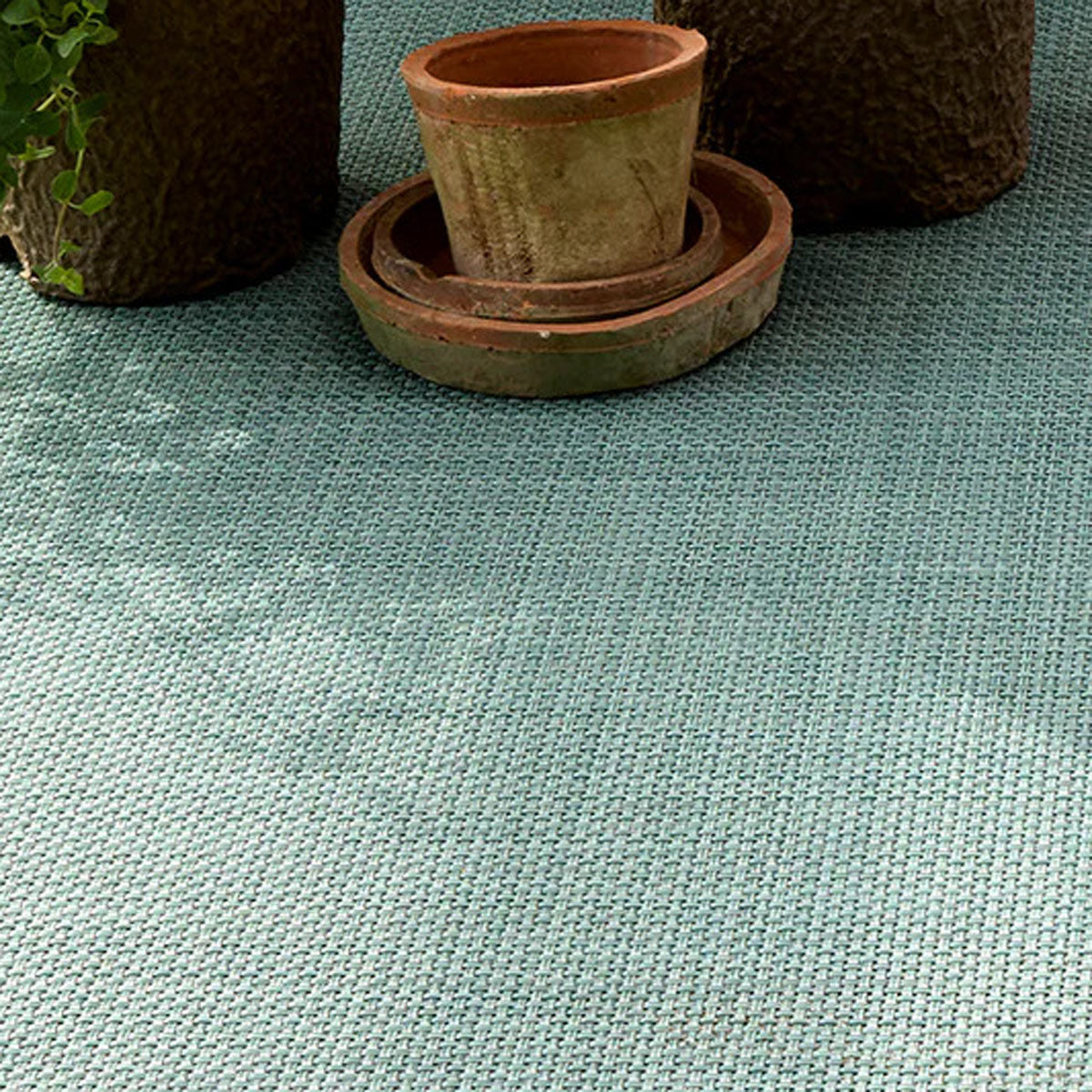Basketweave Round Large Rug by  Chilewich, showing closeup view of basketweave round large rug in live shot.