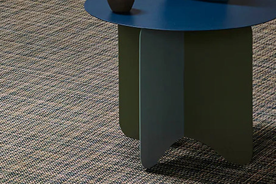 Basketweave Round Large Rug by  Chilewich, showing closeup view of basketweave round large rug in live shot.