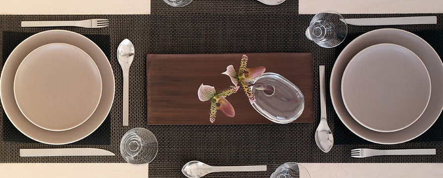 Basketweave Tabletop by Chilewich, showing closeup view of basketweave tabletops in live shot.