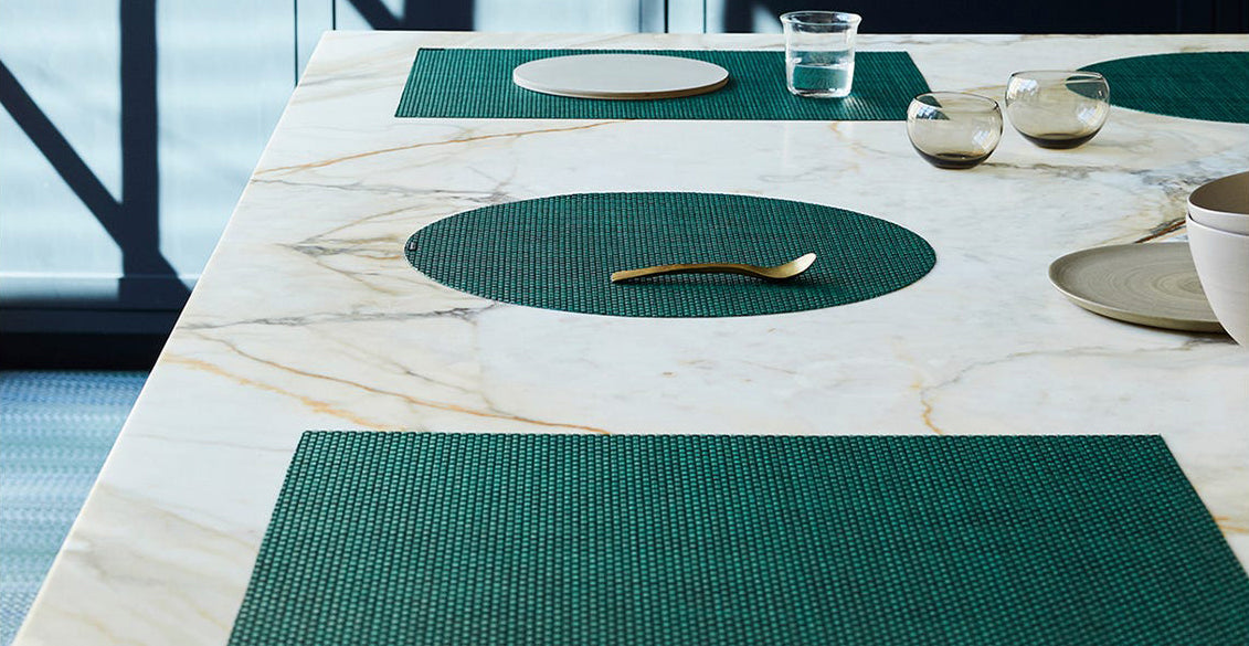 Basketweave Tabletop by Chilewich, showing basketweave tabletops in live shot.