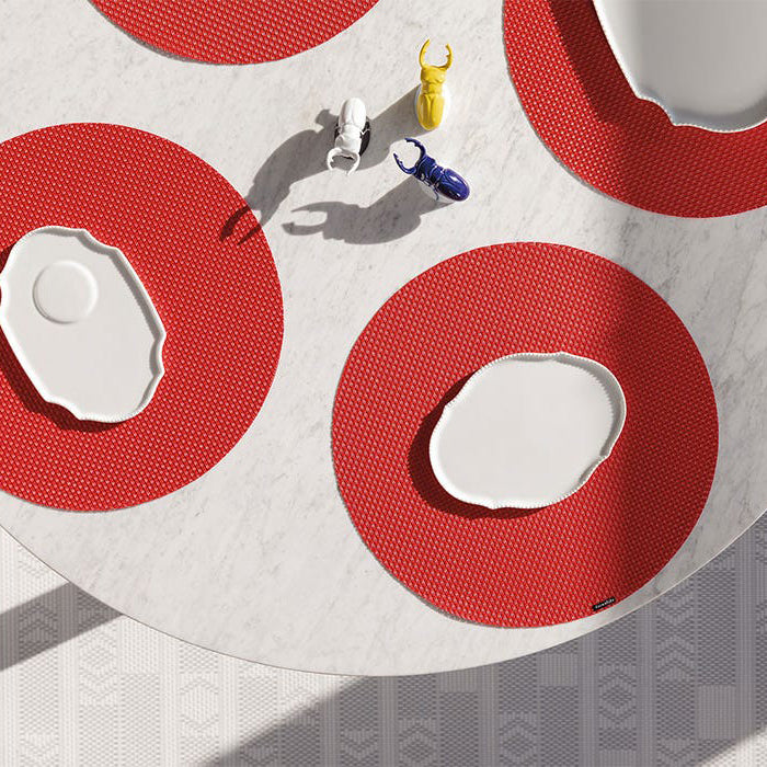 Basketweave Tabletop by Chilewich, showing basketweave tabletops in live shot.