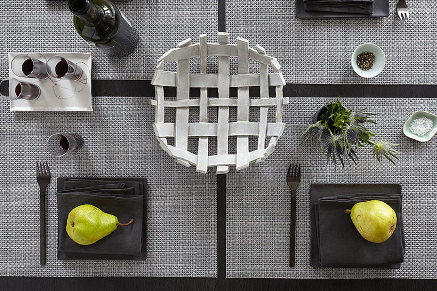 Basketweave Tabletop by Chilewich, showing closeup view of basketweave tabletops in live shot.