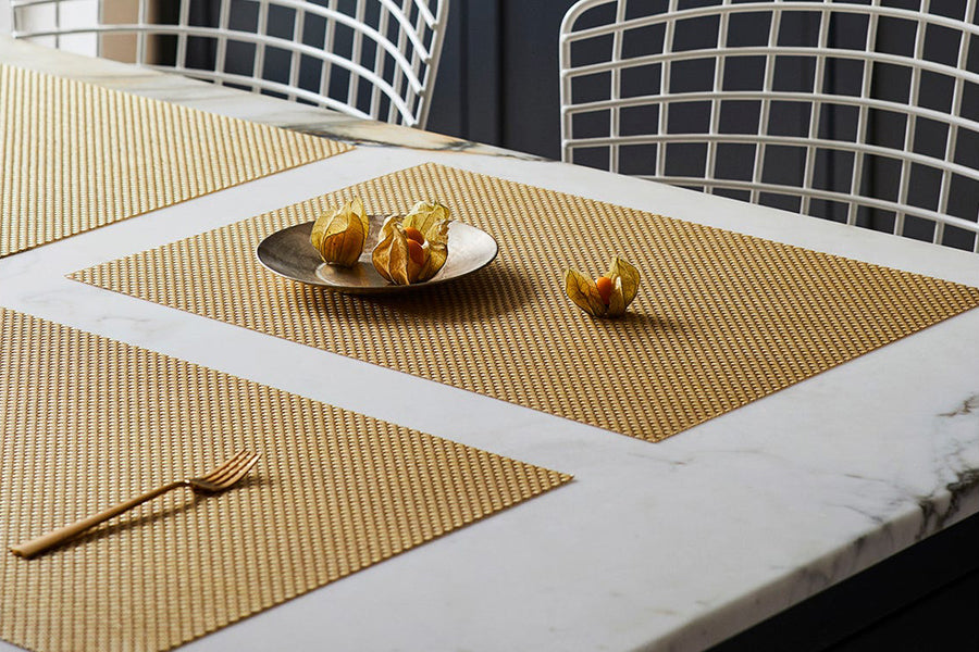 Basketweave Tabletop by Chilewich, showing closeup view of basketweave tabletops in live shot.