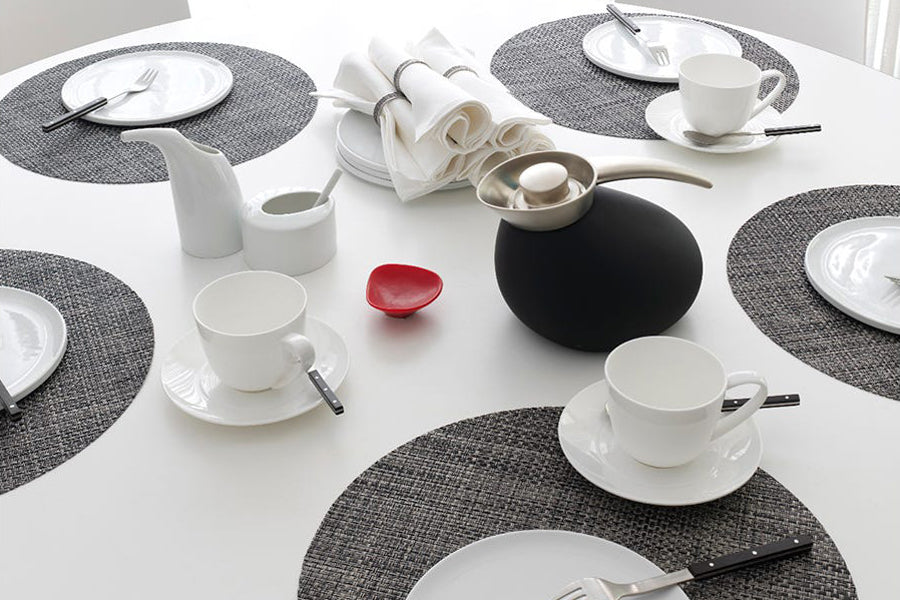 Basketweave Tabletop by Chilewich, showing basketweave tabletops in live shot.