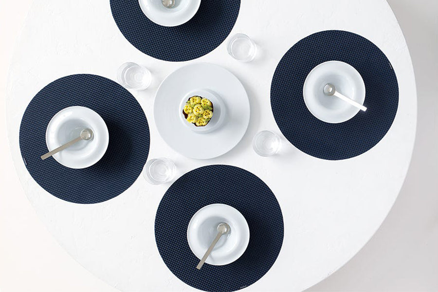 Basketweave Tabletop by Chilewich, showing basketweave tabletops in live shot.
