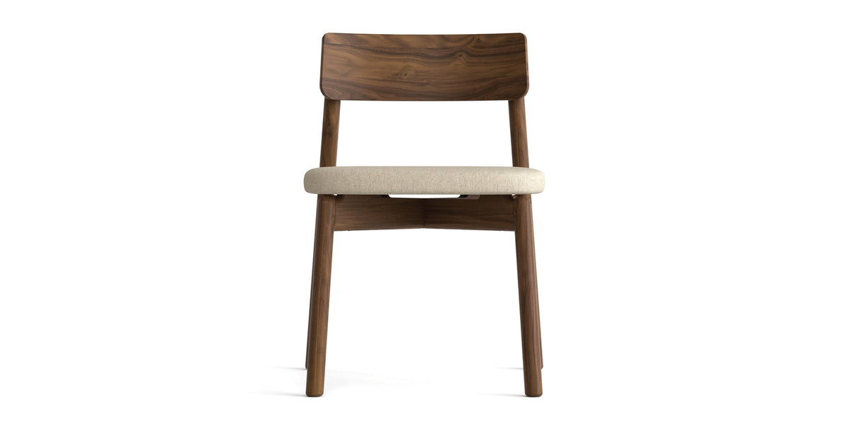 Baton Dining Upholstered Seat Chair by Copeland Furniture, showing front view of baton dining upholstered seat chair in natural walnut/hemp fabric.