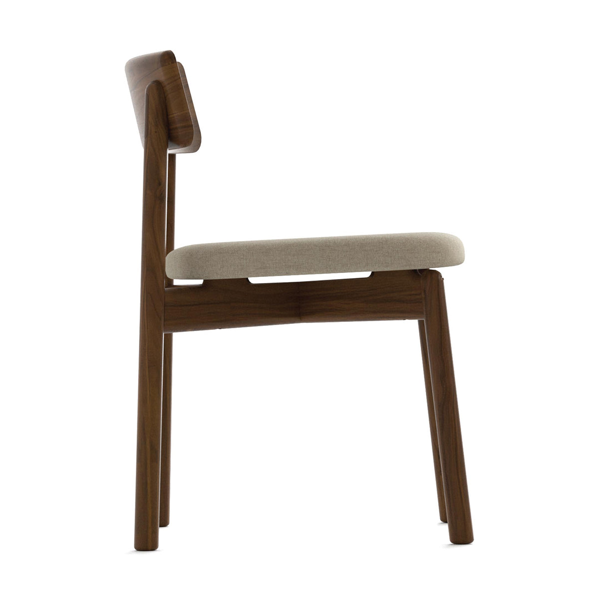 Baton Dining Upholstered Seat Chair by Copeland Furniture, showing side view of baton dining upholstered seat chair in natural walnut/hemp fabric.