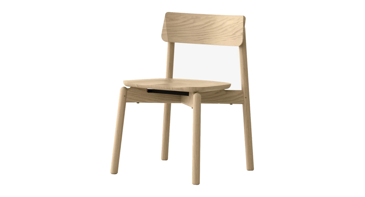 Baton Stackable Chair by Copeland Furniture, showing angle view of baton stackable chair in natural oak.