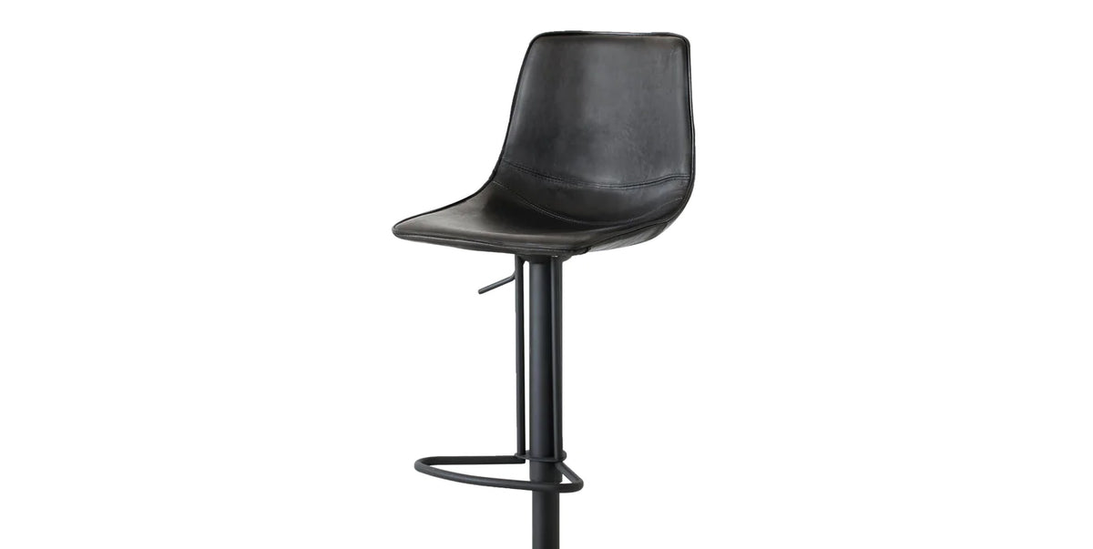 Beny Hydraulic Bar Stool by Mobital, showing angle view of beny hydraulic bar stool in retro black leatherette/black powder coated frame.