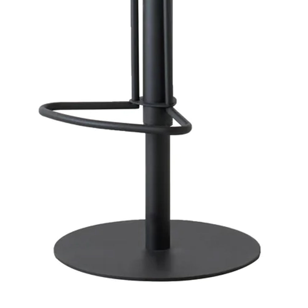 Beny Hydraulic Bar Stool by Mobital, showing closeup view of beny hydraulic bar stool in retro black leatherette/black powder coated frame.