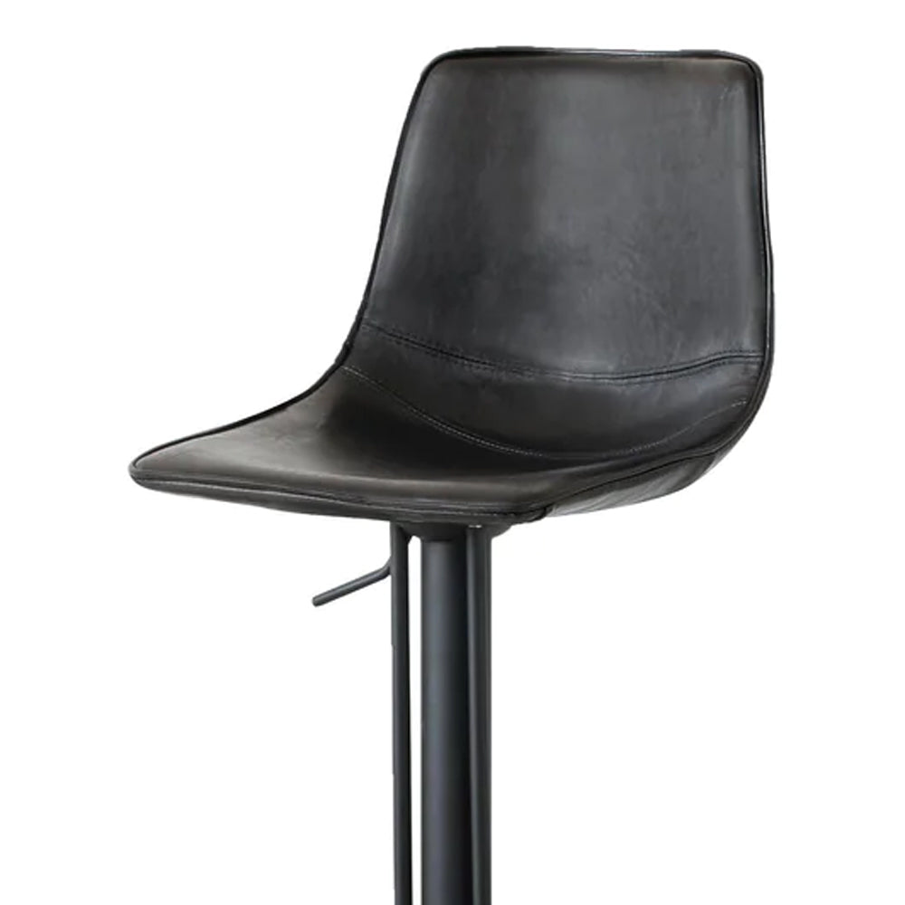 Beny Hydraulic Bar Stool by Mobital, showing closeup view of beny hydraulic bar stool in retro black leatherette/black powder coated frame.