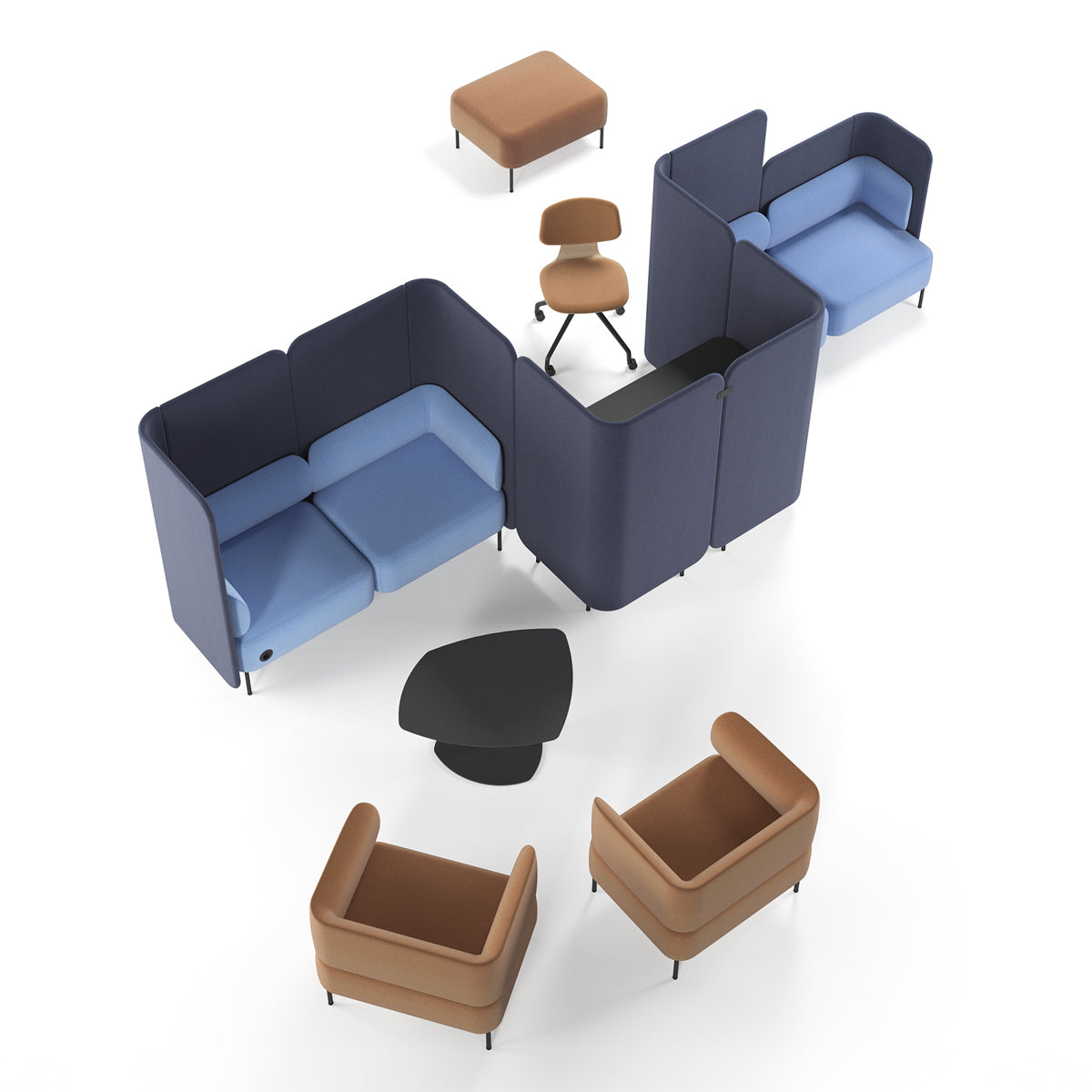 Berirama Pouf by Kollektiff, showing top view of berirama pouf in black metal/upholstery.