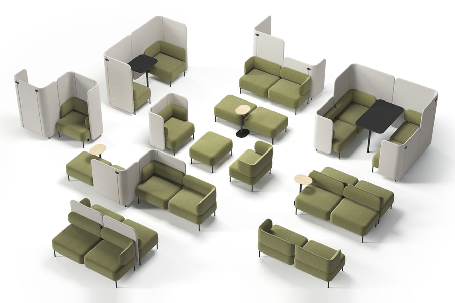 Berirama Pouf by Kollektiff, showing top view of berirama pouf in black metal/upholstery.