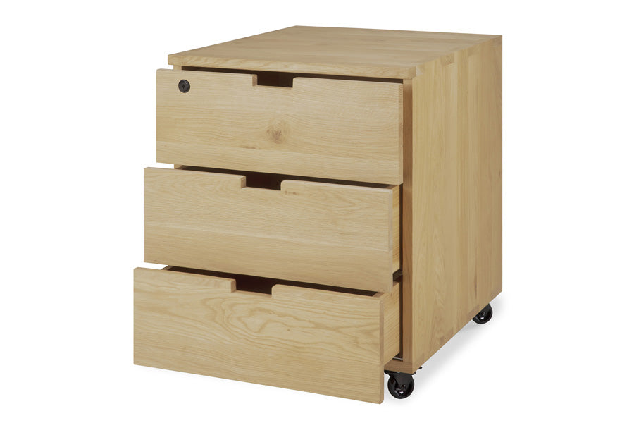Billy Drawer Unit by Ethnicraft, showing anlge view of oak drawer unit (open drawers).