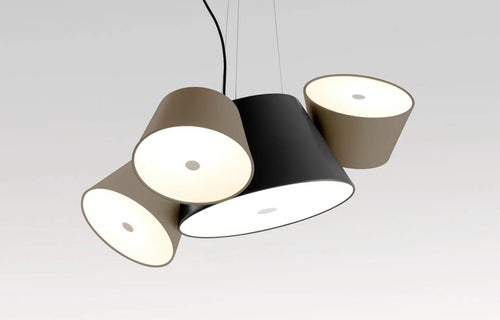 Tam Tam 3 Pendant Lamp by Marset - Black Central Shade Lamp, 3 Brown Grey Satellite Shade Lamps.