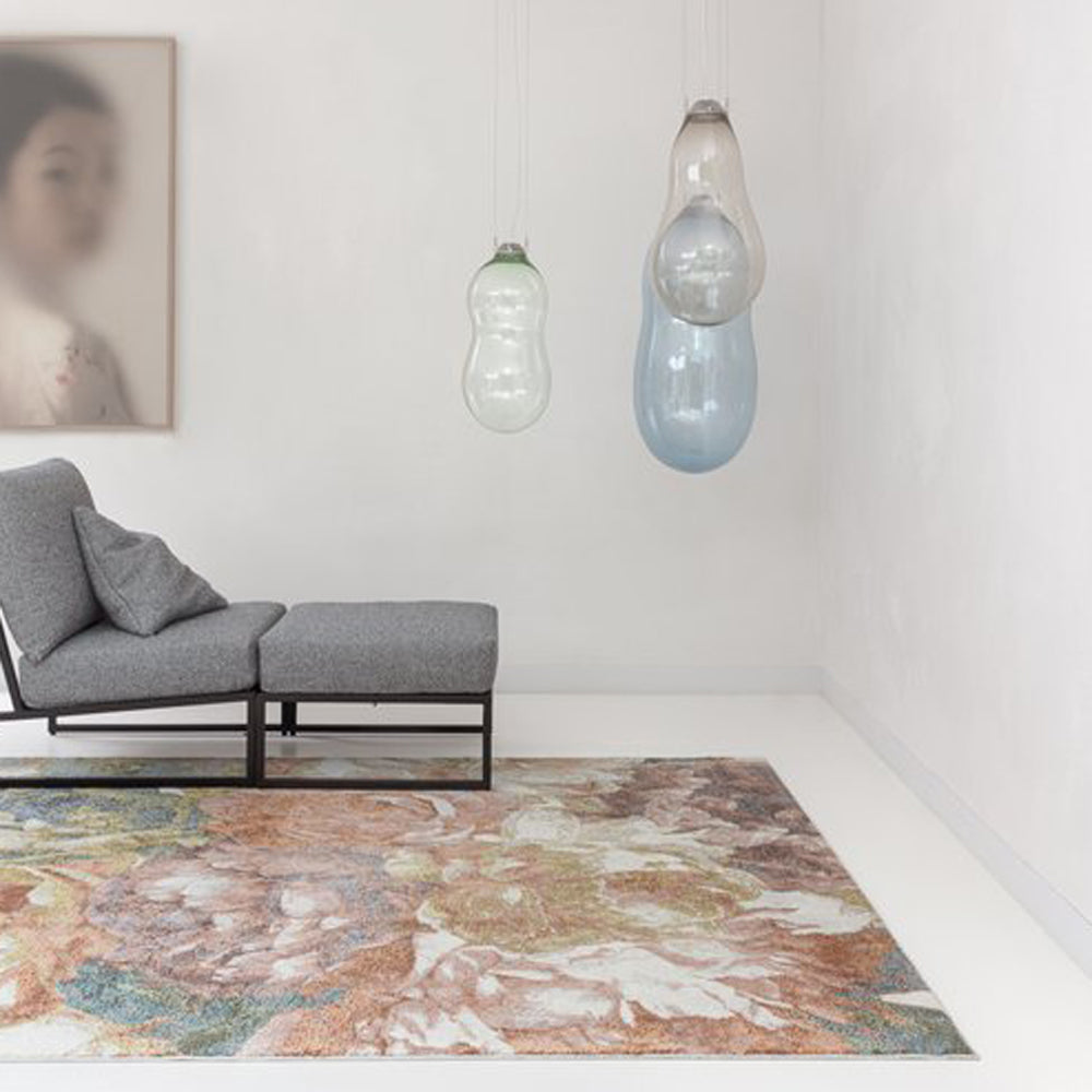 Bloom Woven Rug by Ligne Pure, showing closeup view of bloom woven rug in live shot.