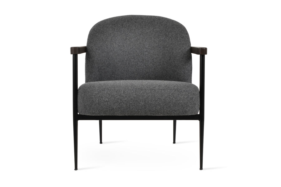 Bloomy Lounge Armchair by SohoConcept, showing front view of bloomy lounge armchair in black powder finish/camira blazer dark grey wool.