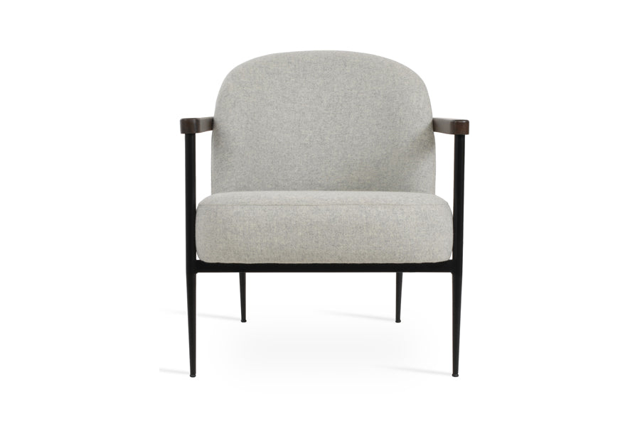 Bloomy Lounge Armchair by SohoConcept, showing front view of bloomy lounge armchair in black powder finish/camira blazer silver wool.