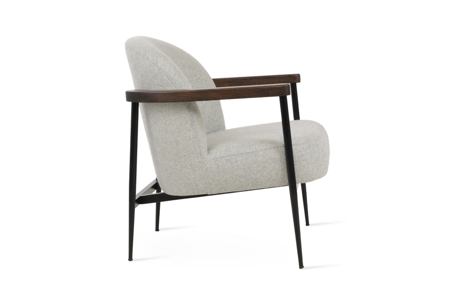 Bloomy Lounge Armchair by SohoConcept, showing side view of bloomy lounge armchair in black powder finish/camira blazer silver wool.