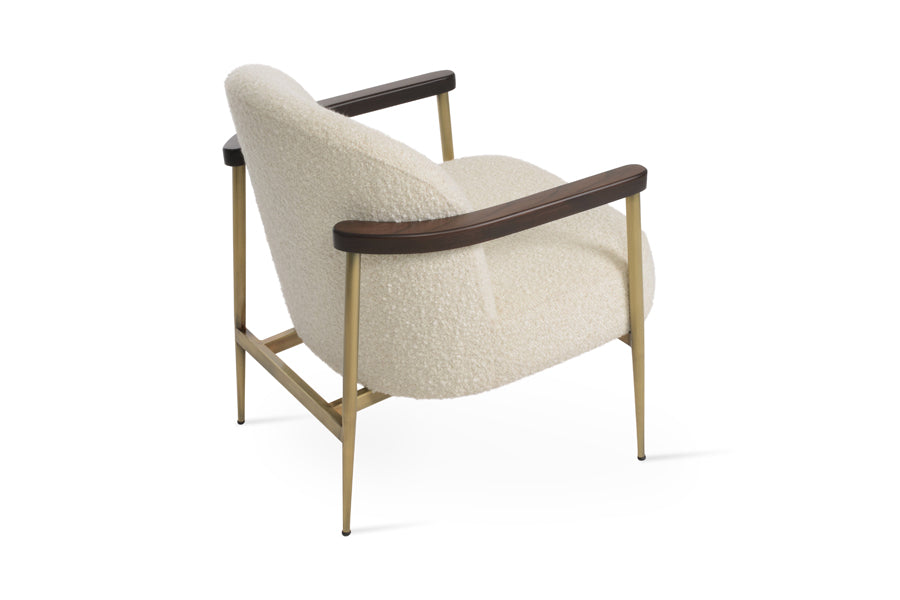 Bloomy Lounge Armchair by SohoConcept, showing back view of bloomy lounge armchair in brass coated finish/boucle off white extra loop fabric.