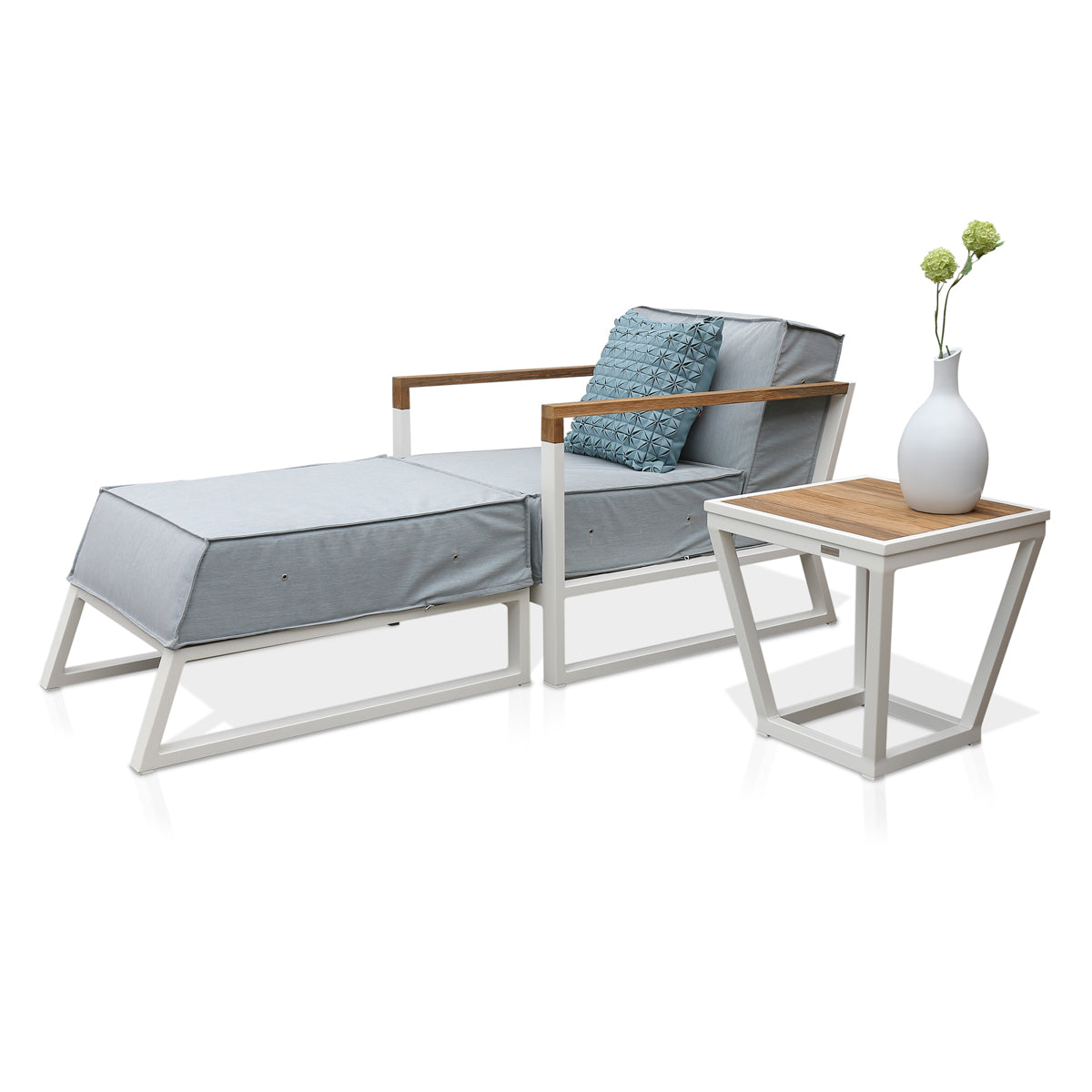 Bondi Beau Footrest by Mamagreen, showing angle view of bondi beau footrest in ultra durable category m/acqua agora waterproof cushion with chair.