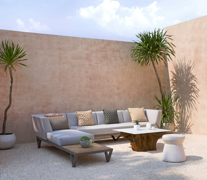Bondi Belle 2-Seater Left Hand Arm Sectional Sofa with Teak Table by Mamagreen, showing bondi belle 2-seater left hand arm sectional sofa with teak table in live shot.