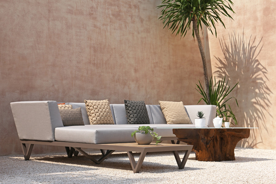 Bondi Belle 2-Seater Left Hand Arm Sectional Sofa with Teak Table by Mamagreen, showing bondi belle 2-seater left hand arm sectional sofa with teak table in live shot.