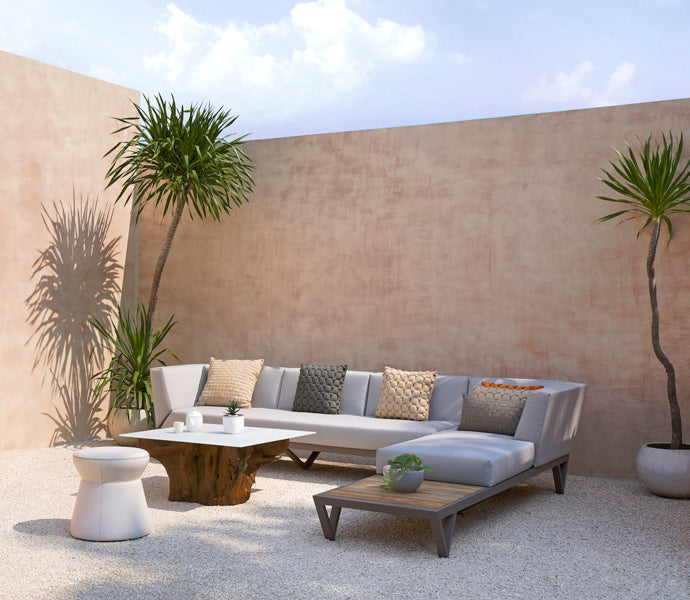 Bondi Belle 2-Seater Right Hand Arm Sectional Sofa with Teak Table by Mamagreen, showing bondi belle 2-seater right hand arm sectional sofa with teak table in live shot.