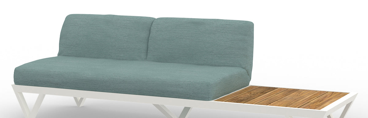 Bondi Belle 2-Seater Sectional Sofa with Left Teak Table by Mamagreen, showing closeup view of bondi belle 2-seater sectional sofa with left teak table in ultra durable category m/acqua agora waterproof cushion.