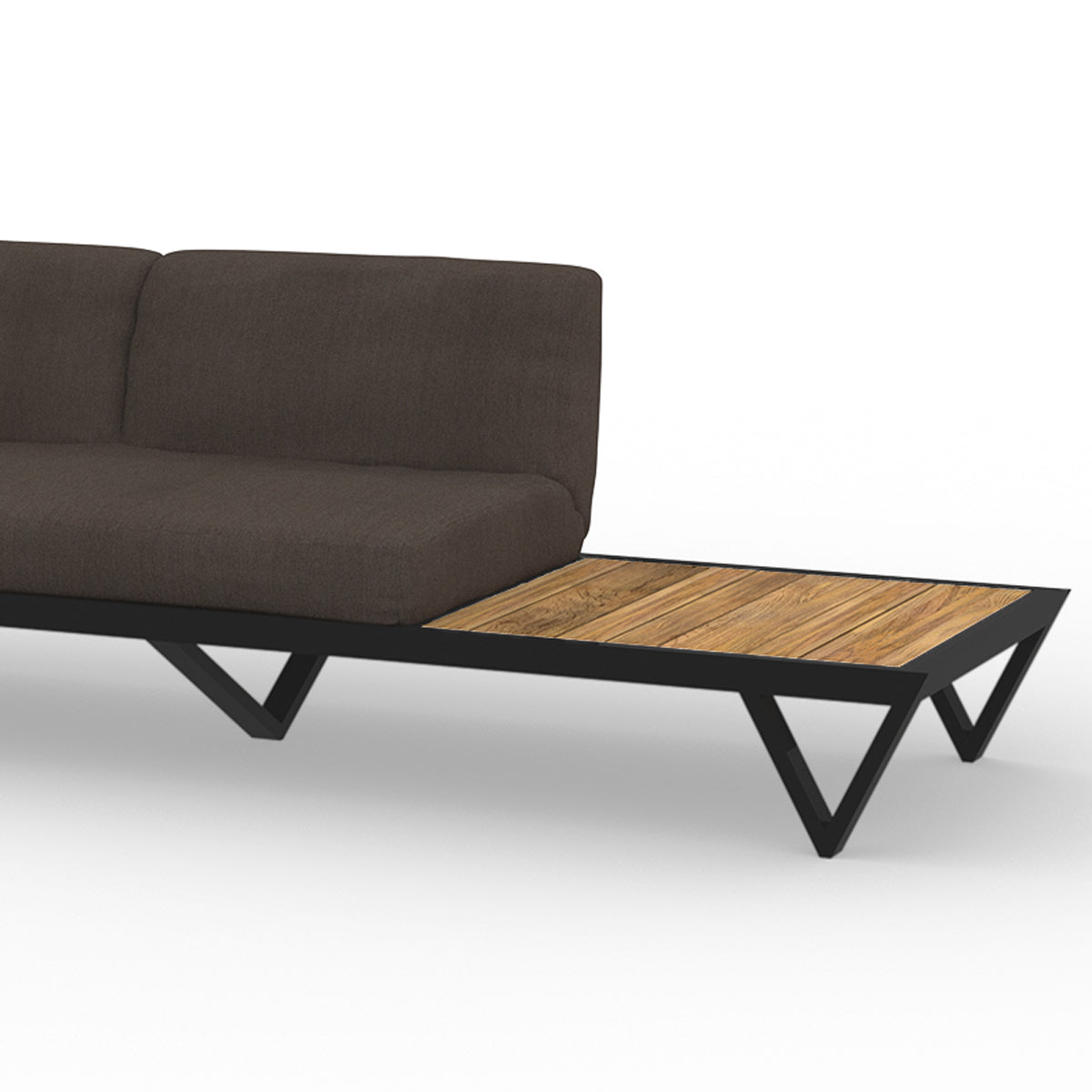 Bondi Belle 2-Seater Sectional Sofa with Left Teak Table by Mamagreen, showing closeup view of bondi belle 2-seater sectional sofa with left teak table in gloss category b/coco agora waterproof cushion.