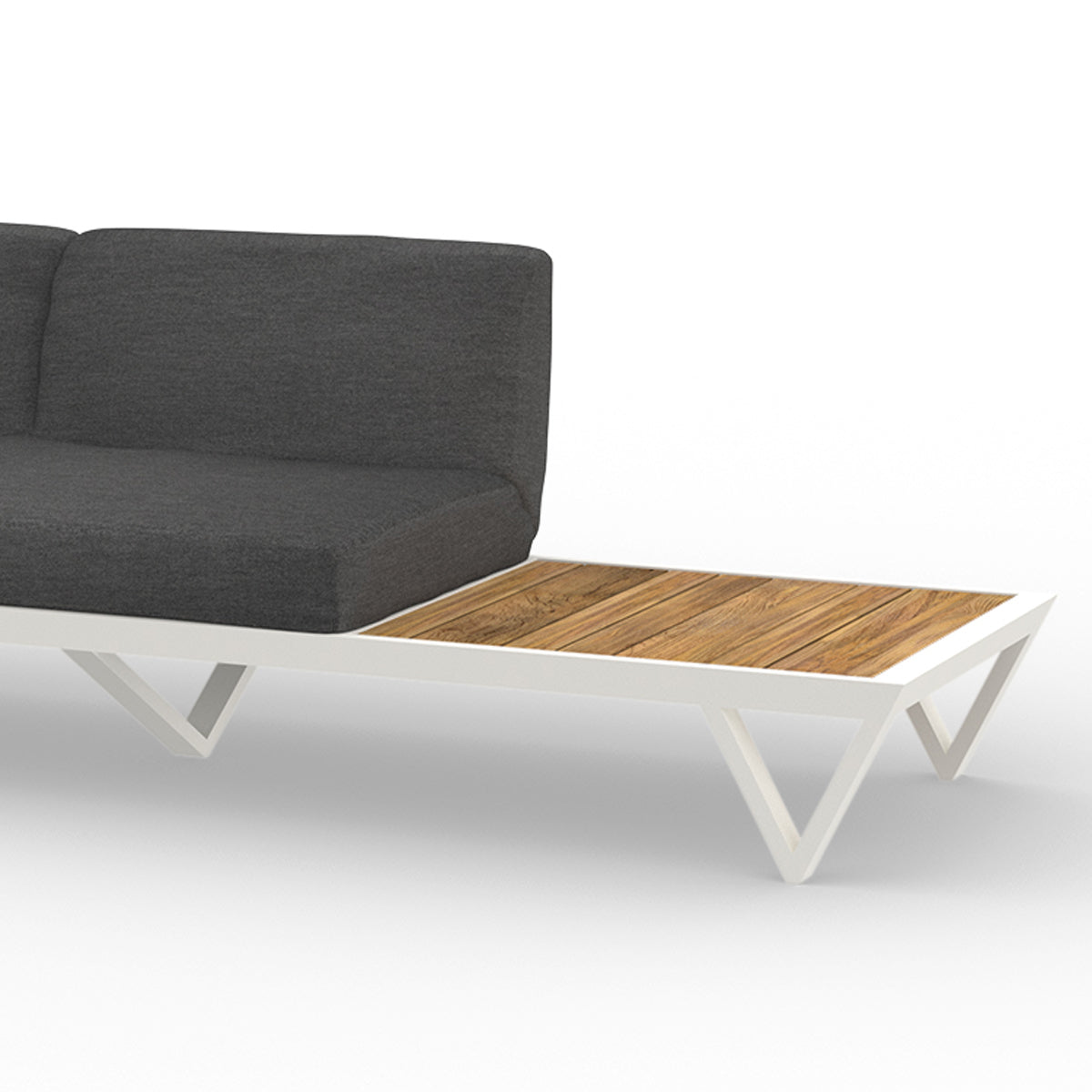 Bondi Belle 2-Seater Sectional Sofa with Left Teak Table by Mamagreen, showing closeup view of bondi belle 2-seater sectional sofa with left teak table in ultra durable category m/grafito agora waterproof cushion.