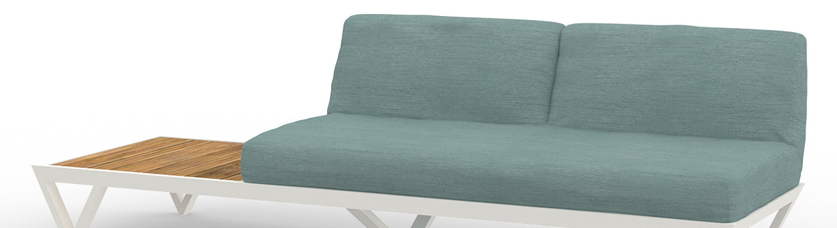 Bondi Belle 2-Seater Sectional Sofa with Right Teak Table by Mamagreen, showing closeup view of bondi belle 2-seater sectional sofa with right teak table in ultra durable category m/acqua agora waterproof cushion.