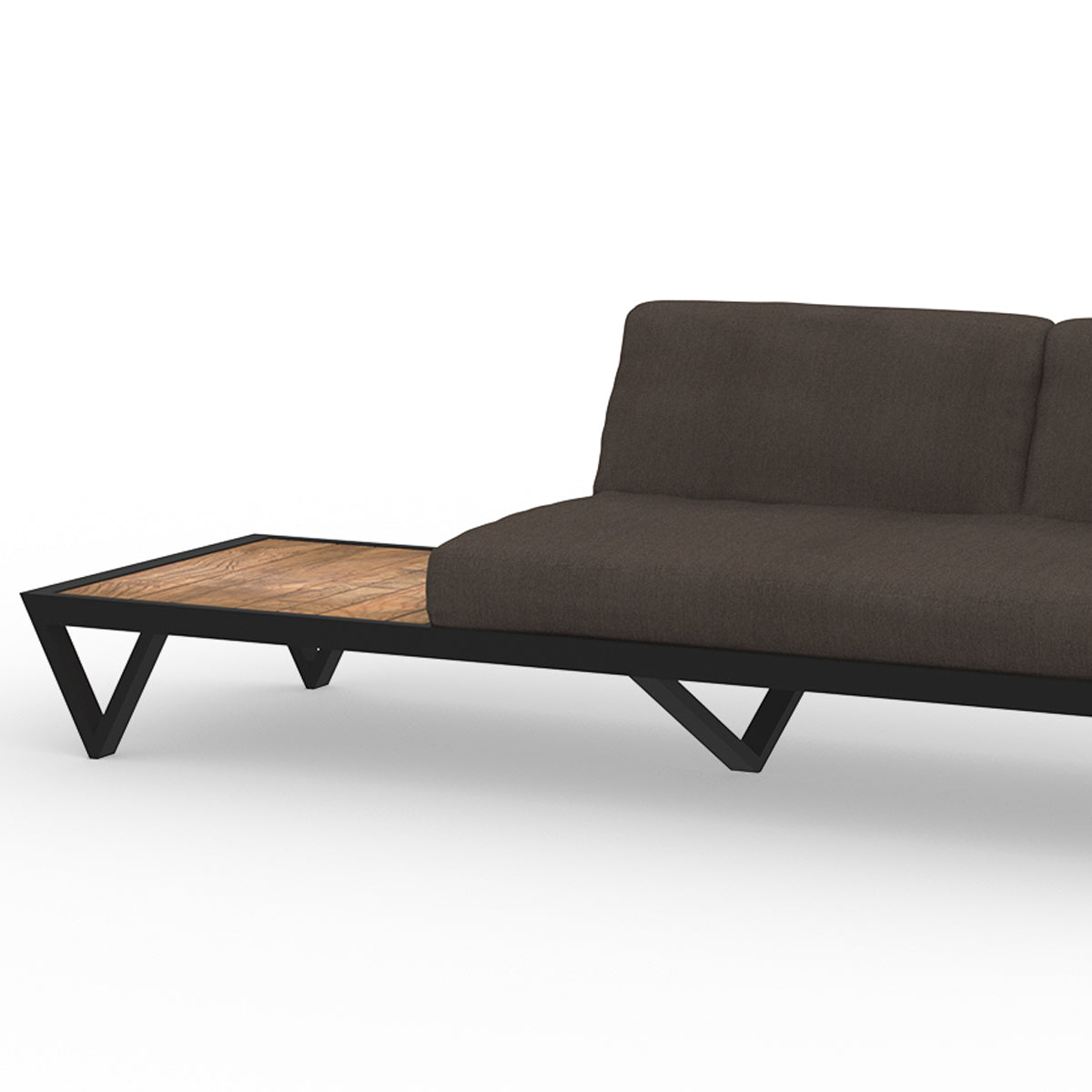 Bondi Belle 2-Seater Sectional Sofa with Right Teak Table by Mamagreen, showing closeup view of bondi belle 2-seater sectional sofa with right teak table in gloss category b/coco agora waterproof cushion.