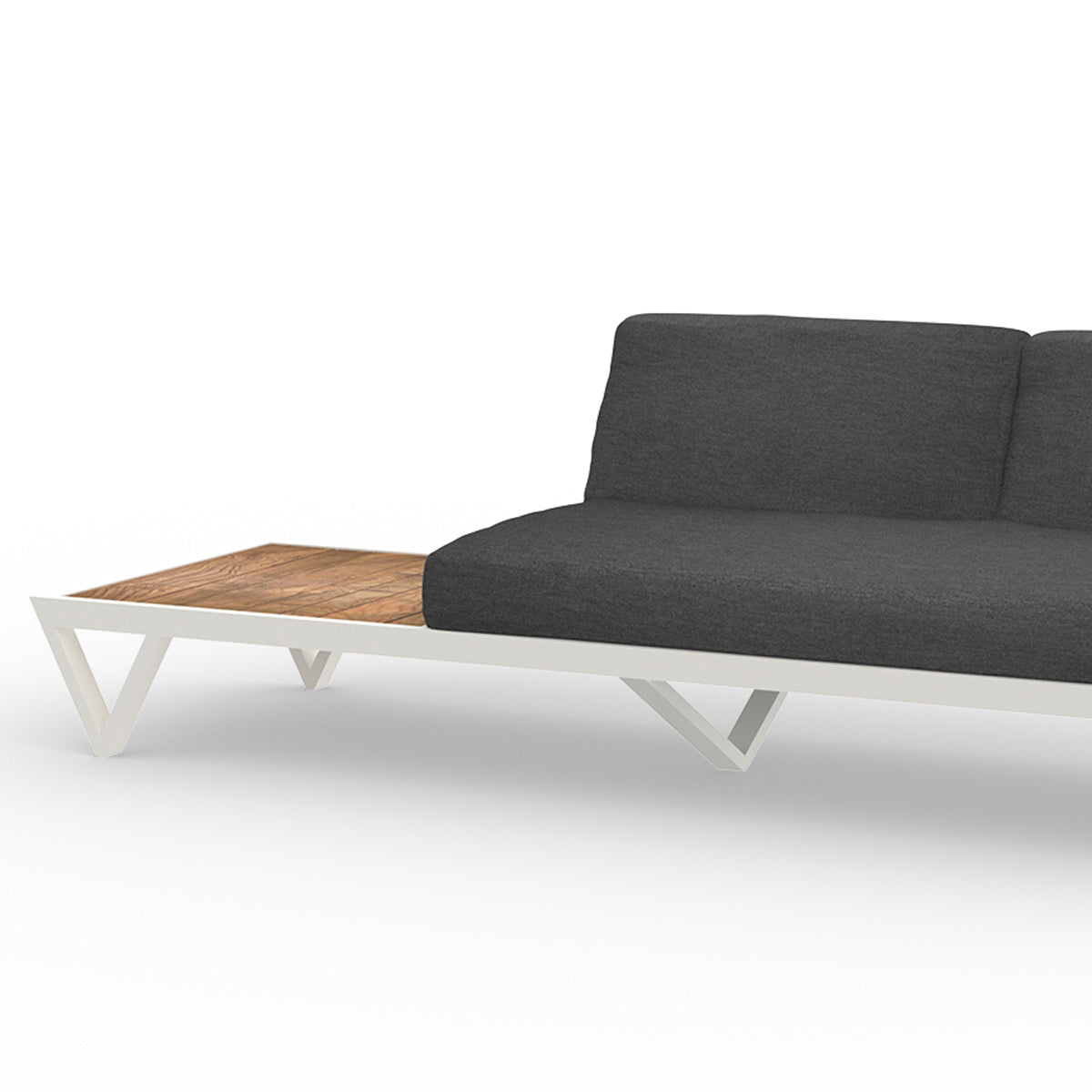 Bondi Belle 2-Seater Sectional Sofa with Right Teak Table by Mamagreen, showing closeup view of bondi belle 2-seater sectional sofa with right teak table in ultra durable category m/grafito agora waterproof cushion.
