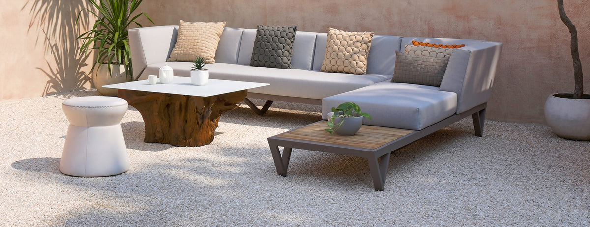 Bondi Belle Right Hand Arm Sofa Chaise with Teak Table by Mamagreen, showing bondi belle right hand arm sofa chaise with teak table in live shot.