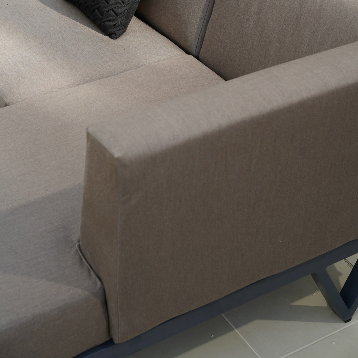 Bondi Belle Right Hand Arm Sofa Chaise with Teak Table by Mamagreen, showing closeup view of bondi belle right hand arm sofa chaise with teak table in live shot.