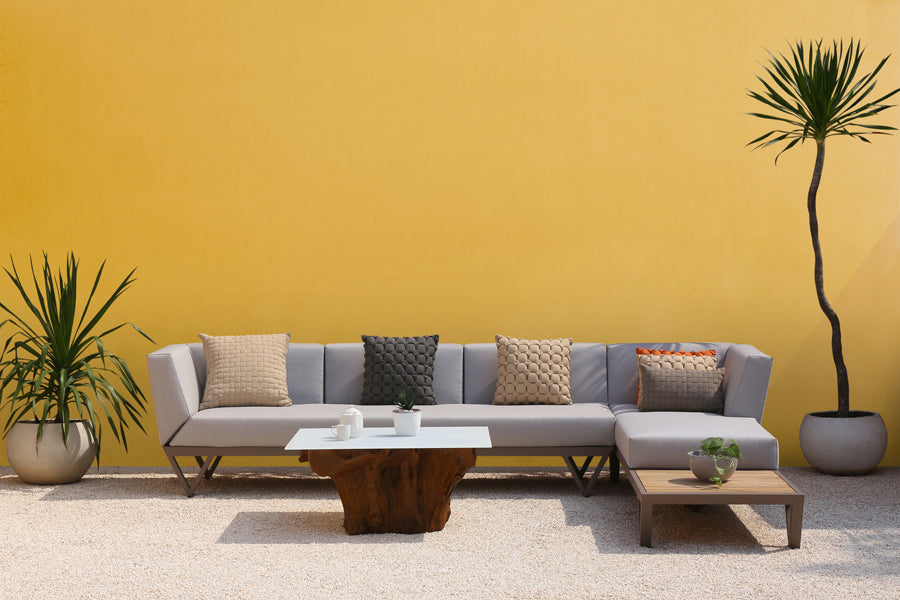 Bondi Belle Right Hand Arm Sofa Chaise with Teak Table by Mamagreen, showing bondi belle right hand arm sofa chaise with teak table in live shot.