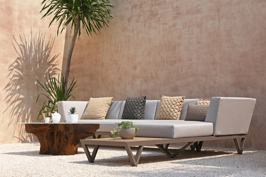 Bondi Belle Right Hand Arm Sofa Chaise with Teak Table by Mamagreen, showing bondi belle right hand arm sofa chaise with teak table in live shot.