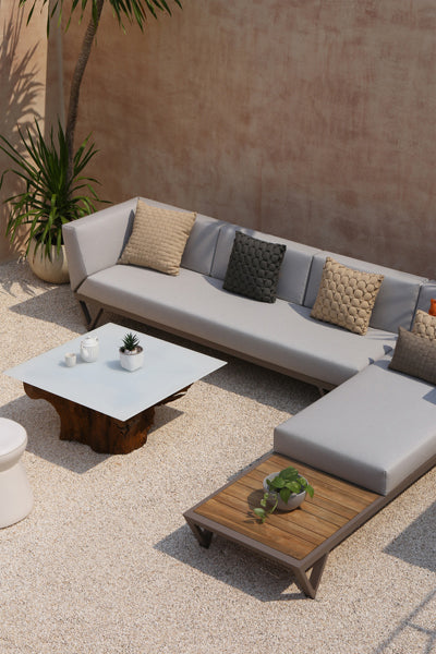 Bondi Belle Right Hand Arm Sofa Chaise with Teak Table by Mamagreen, showing bondi belle right hand arm sofa chaise with teak table in live shot.
